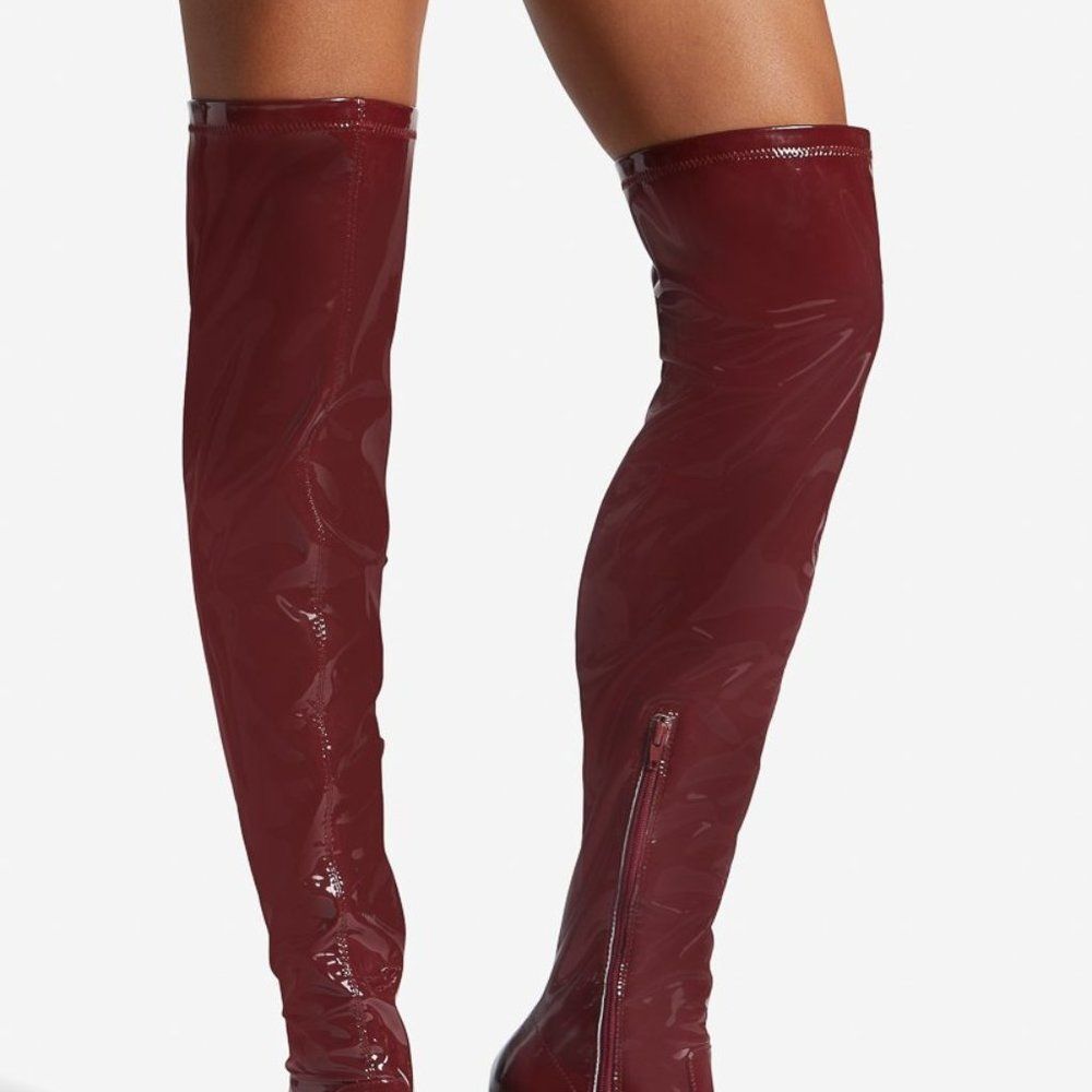Shoe Dazzle Burgundy Patent Over-the-Knee Stiletto Boots - Picture 2 of 8